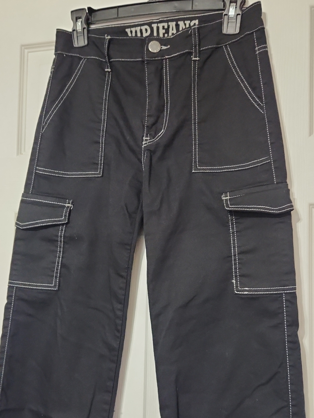 VIP Black Boot-Cut Cargo Pants with White Contrast Stitching